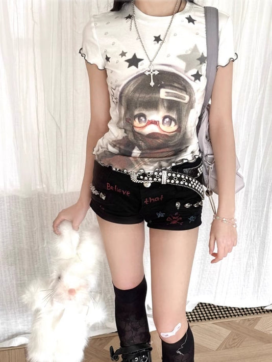 Star Doll und T-Shirt Weiß BJD Saumdruck Rüschen
