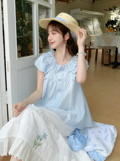 スイートライトブラウス ブルー ピーターパンカラー パフスリーブ