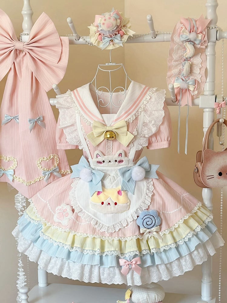 Apron Maid Kitty Pastel Heart Sailor Dress Collar Color with Lolita Sweet