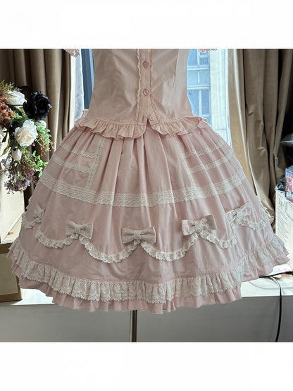 Pink & White Lace-Trimmed Skirt with Bow Accents - Hana Studio