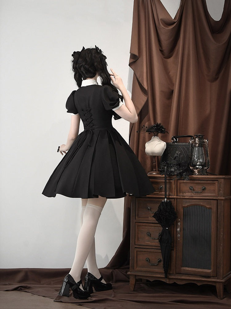 Two-pieces OP Lolita Black Dress Sleeves Design White Short Fake