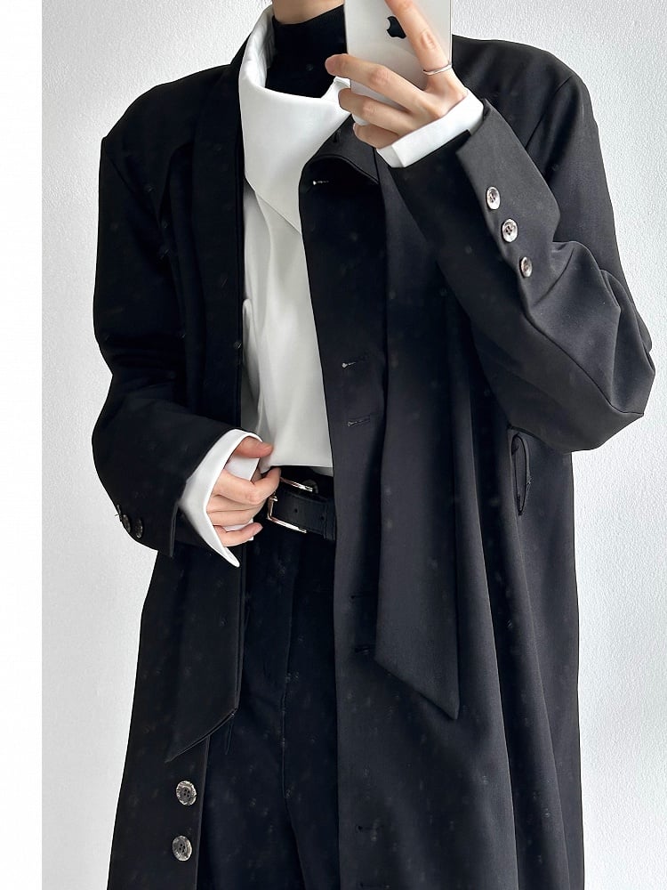 Neck Trench Long Vintage Black Button with Tie Coat Ouji Lolita Placket
