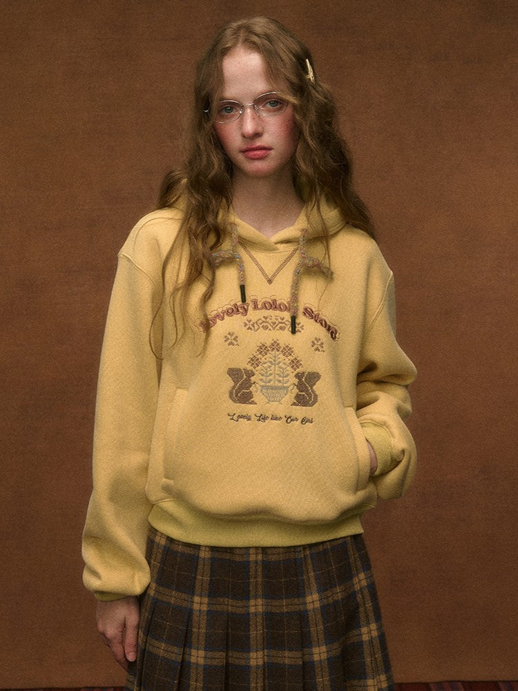 Style Preppy Squirrel Embroidery with Drawstring Hood Yellow Hoodie
