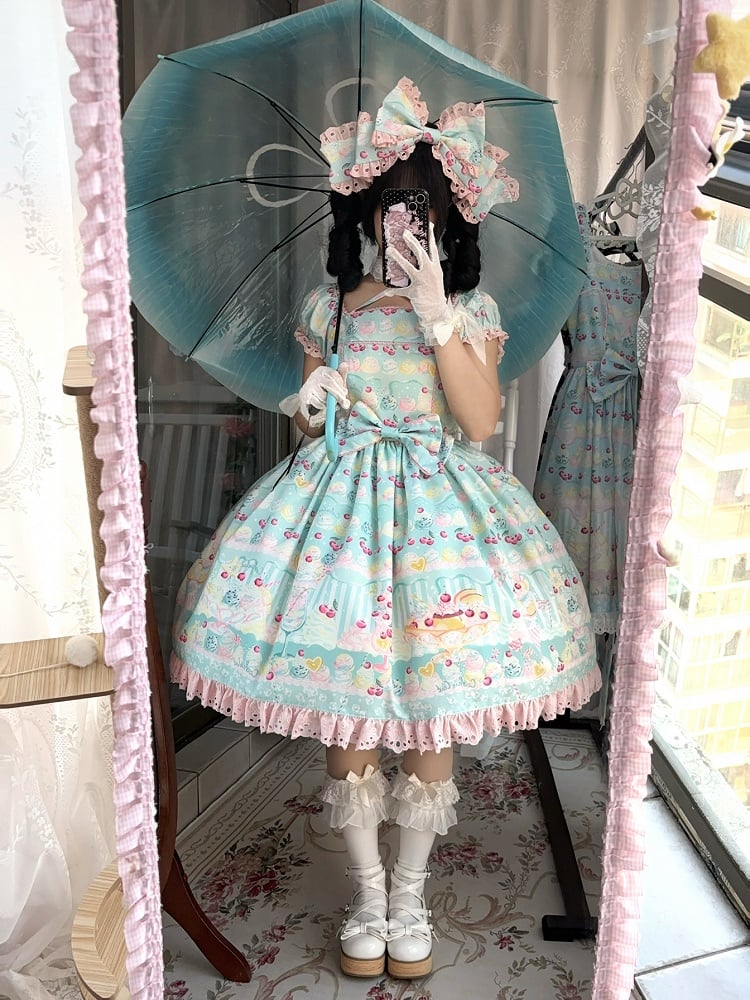 Eiskleid Creme Kirsche Druck und Lolita Sommer Grün Süß