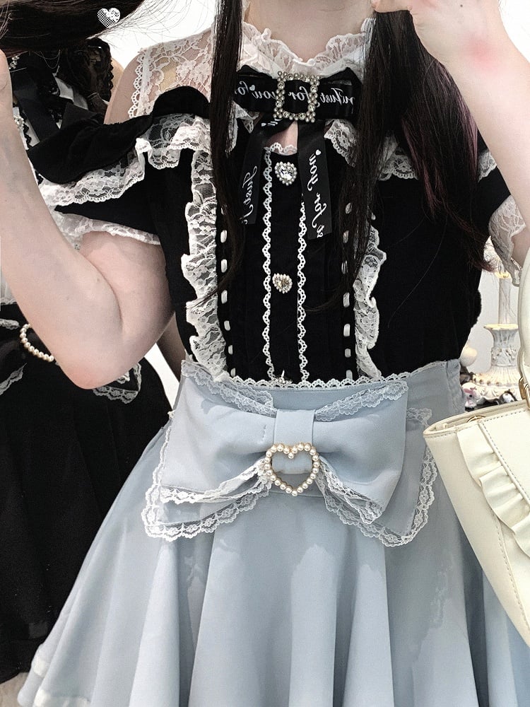 Jirai Kei Black/White/Red/Light Buttons Blue Open Shoulder Sweetheart Lace Trim Blouse