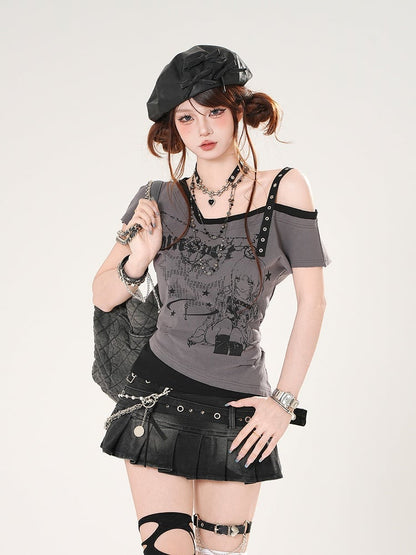 T-shirt Asymmetrical Neckline Slim-fitting Anime Girl Print Gray/White