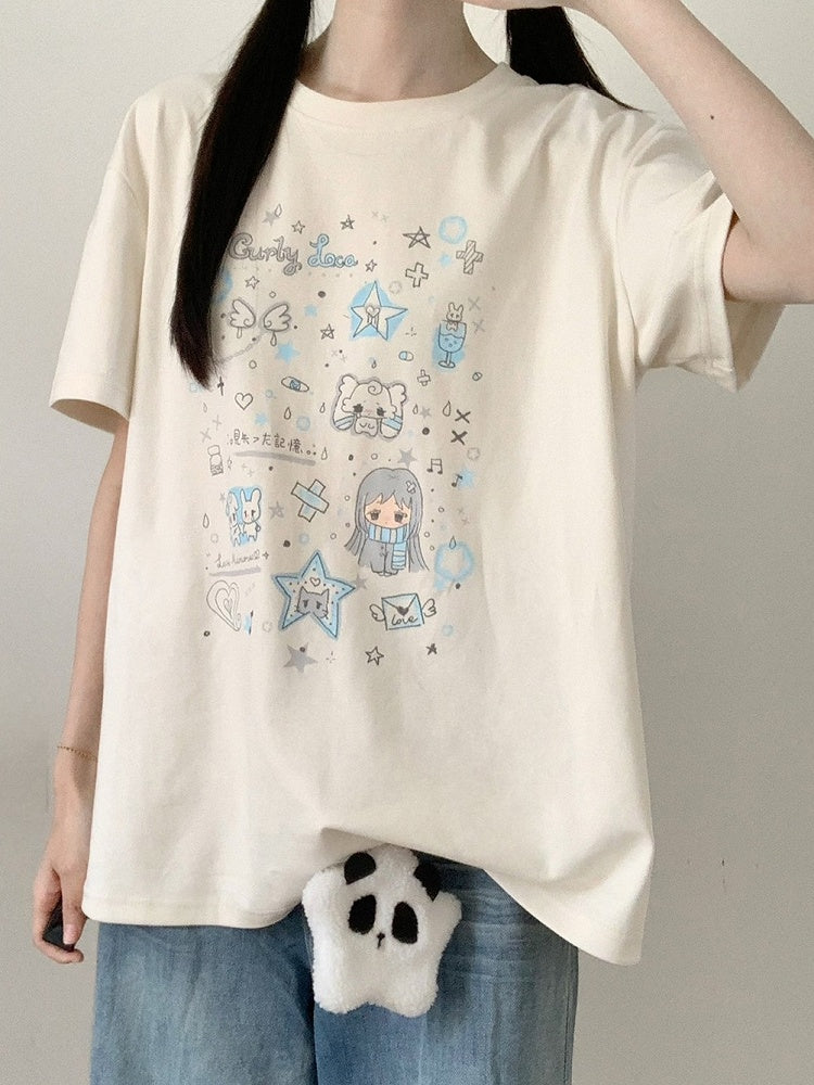 Off-White Cartoon Print Cool Touch Short Sleeve T-Shirt - PINK SAVIOR