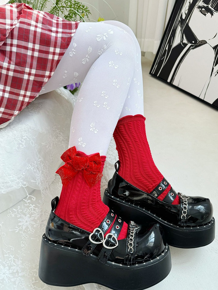 スイートロリータの赤いリボンのニットアンクルソックス