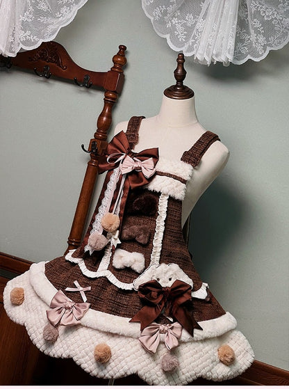 Kleid und Lolita-Overall mit gewelltem braun-weißem Rand und Pompons und Schleifen