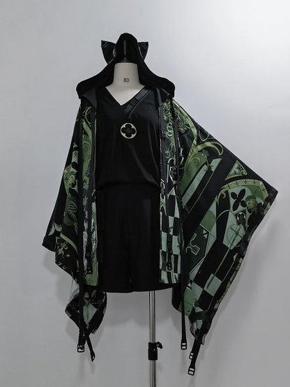 Ohren Riemchenmode Grün Cyberpunk Schnalle Kapuzentop Details Ouji Cat Techwear