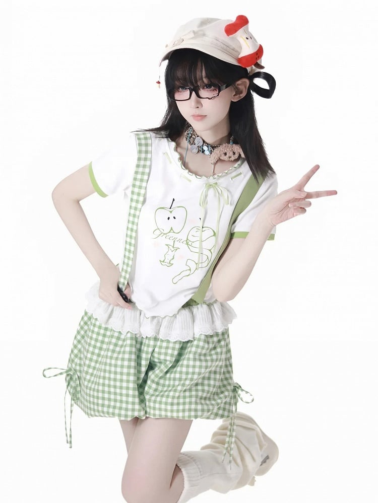 Bubble Shorts Green Plaid Overalls Detachable Straps Shoulder