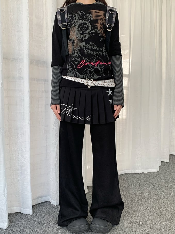 in Pants Black Drawstring Waist Accents with Flared Rhinestone
