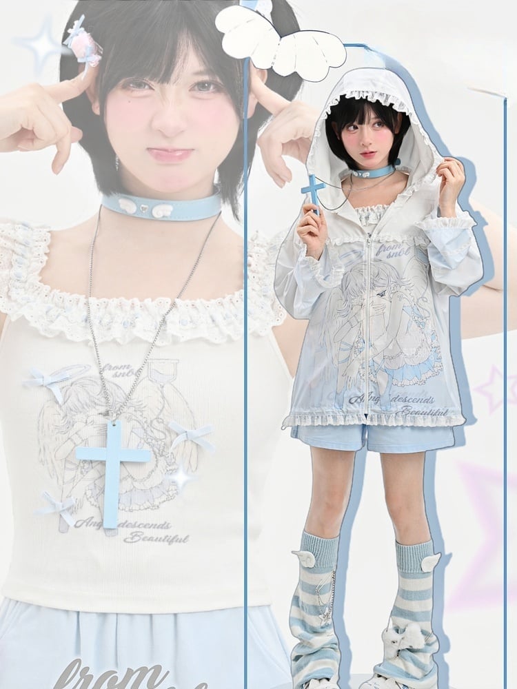 White Ruffled Square Neckline Anime Girl Print Sleeveless Top