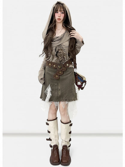 アクセントストライプレースフリルファッションコントラストカスケーディングミラードアーミーグリーンパッチパターンスカート
