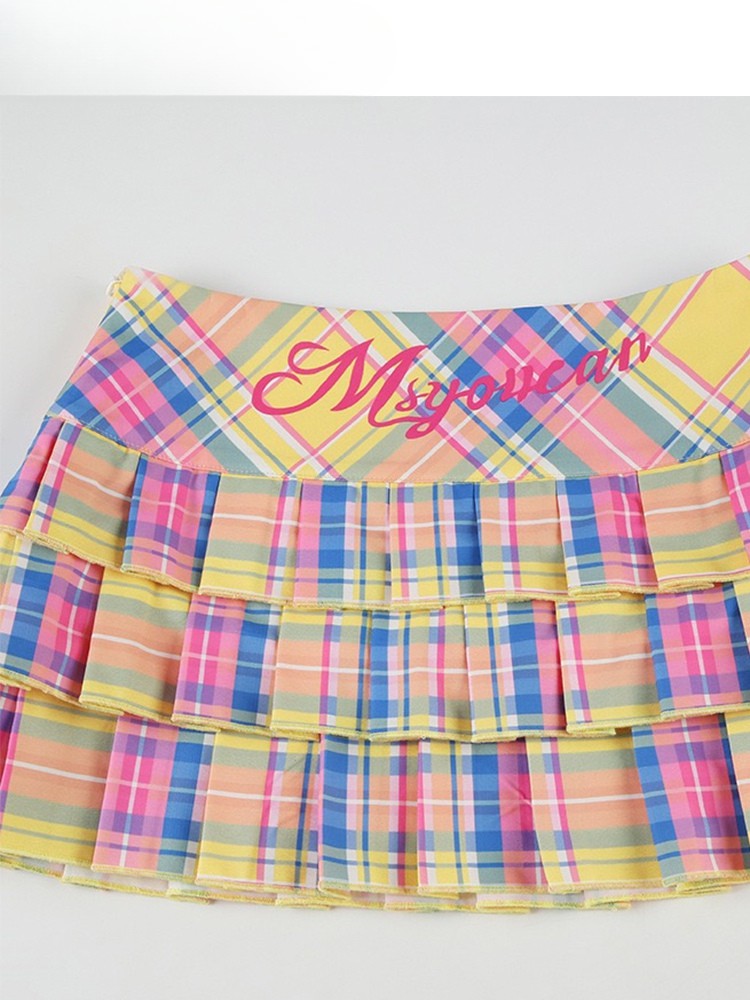Drucken Bunter Rock Y2K Plissee Muster Plaid Buchstabe