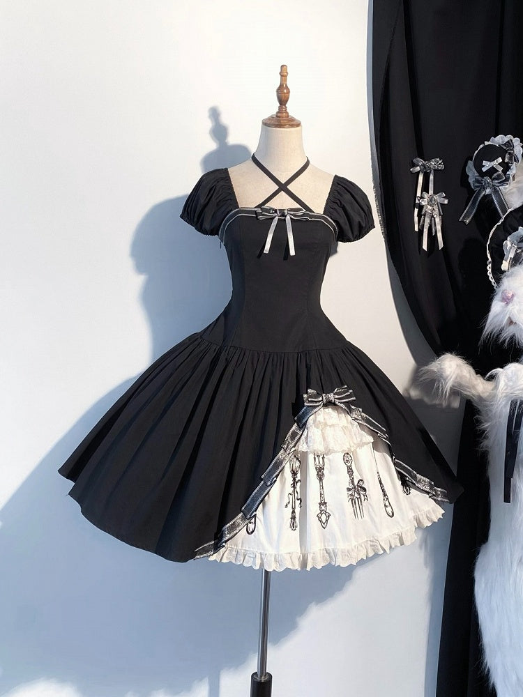 Side Ruffle Halter Lolita OP Dress in Gothic Black with Cutlery Embroidery - Vivian's Diary