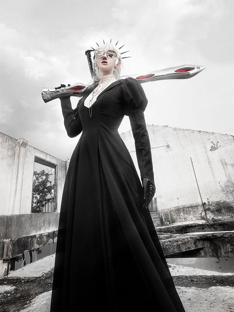 Waist Dress Juliette Beige Piece Neckline Lolita Sleeves Ruffle One Black Slim