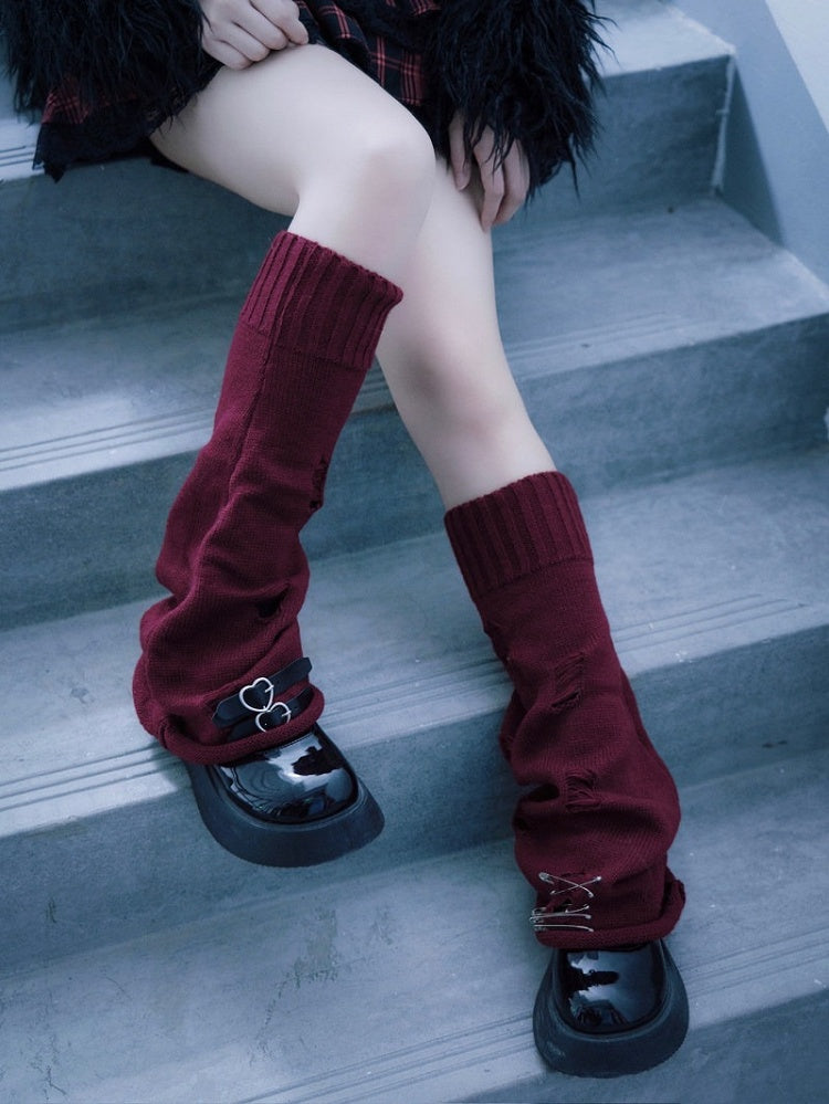 Dark Red Punk Ribbed Leg Warmers with Metal Buckle - Strange Sugar