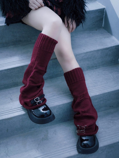 Dark Red Punk Ribbed Leg Warmers with Metal Buckle - Strange Sugar