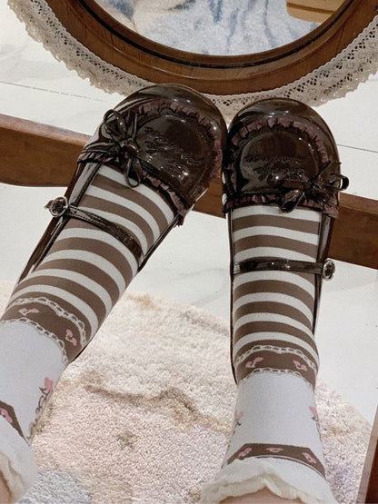 Sole Leather Lolita Knotted Sweet Brown Bow Flat Accent with Shoes Ruffles Trim PU