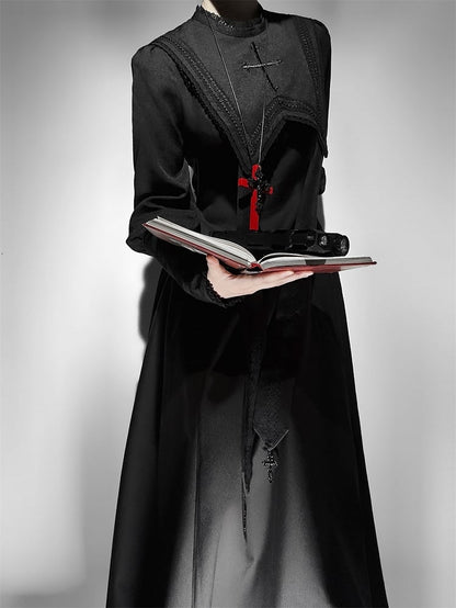 Embroidery Nun Halloween Sleeves Leg-of-Mutton Dress Black Outfits Lolita Cross