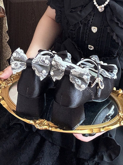 Mary Low - Satin with Lace Heart Sweet Heel Lolita Janes Trim Snap Black Beaded