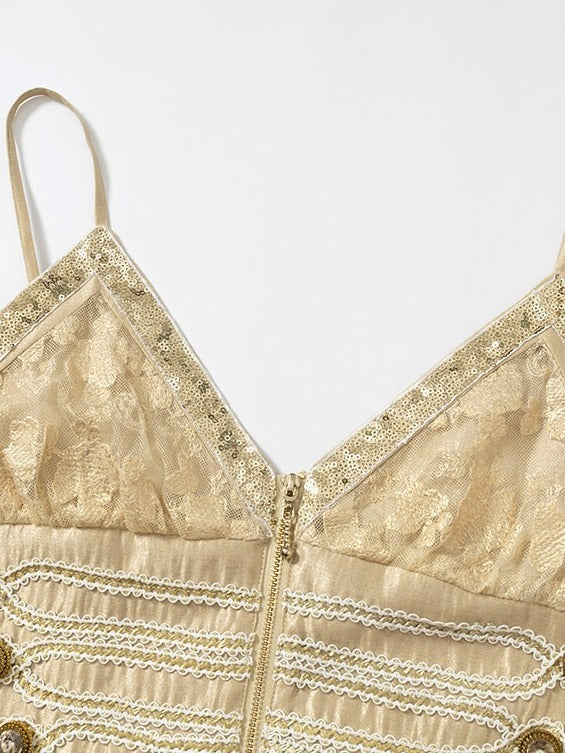 Golden Jacquard Cami Dress with Sequin Accents - NO ROMANCE