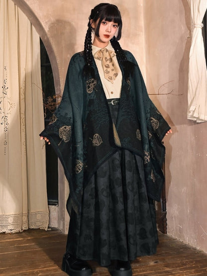 with Goth Design Open Leaf Green - Dark Cheongsam Style Print Placket Shawl