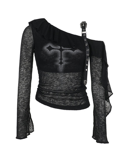 Strap Trim Print with Gothic Cross PU Top Neck Ruffle Halloween Asymmetrical Black