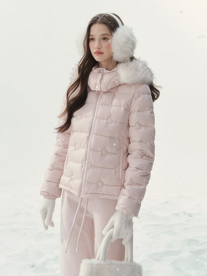 Hood Quilted Jacket Floral Plush with Pink Down Embossed Pattern Trim