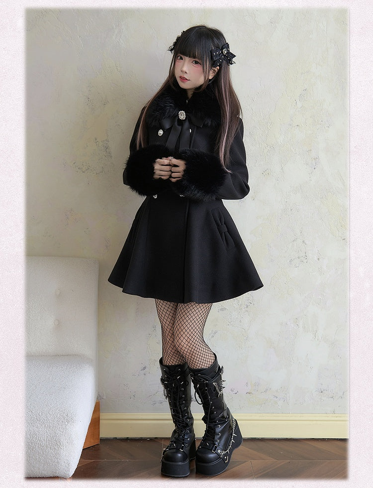 Rhinestone Double Detachable Jirai Kei Big Bow with Black Coat Breasted Fluffy Collar and Cuffs