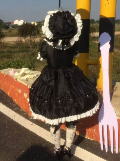 Details Dress with White Sweet Bead Trimmed Black Lolita Lace and Bow