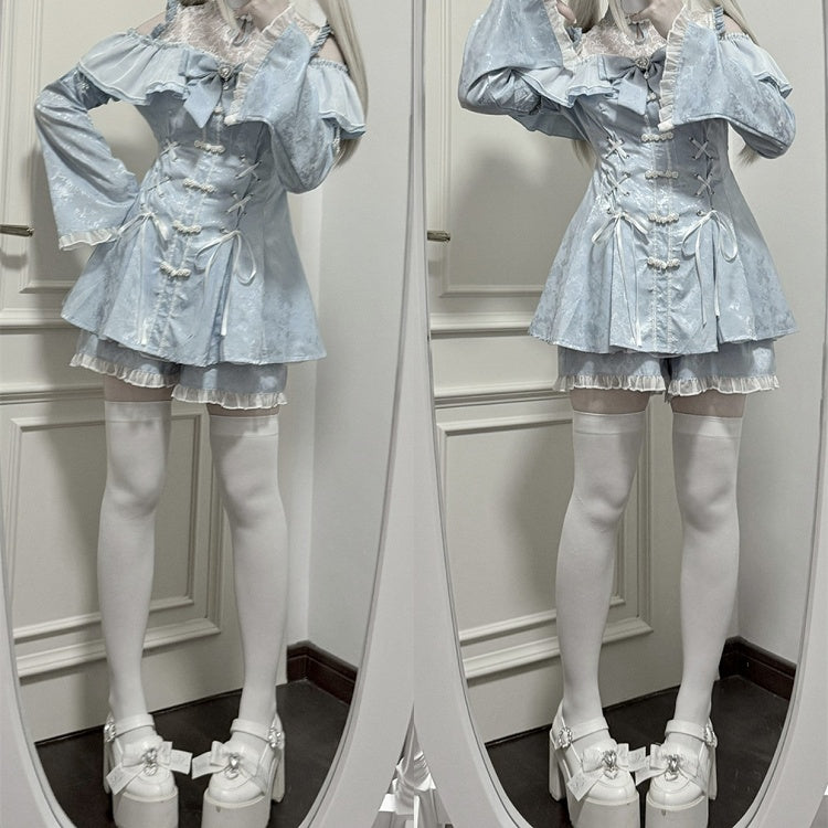 ショートパンツ、蝶ネクタイ、チャイナドレス、ライト、ネックライン、ケイスタイルセット - ジライイリュージョンミニドレス、ブルー、ベルスリーブ