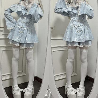 ショートパンツ、蝶ネクタイ、チャイナドレス、ライト、ネックライン、ケイスタイルセット - ジライイリュージョンミニドレス、ブルー、ベルスリーブ
