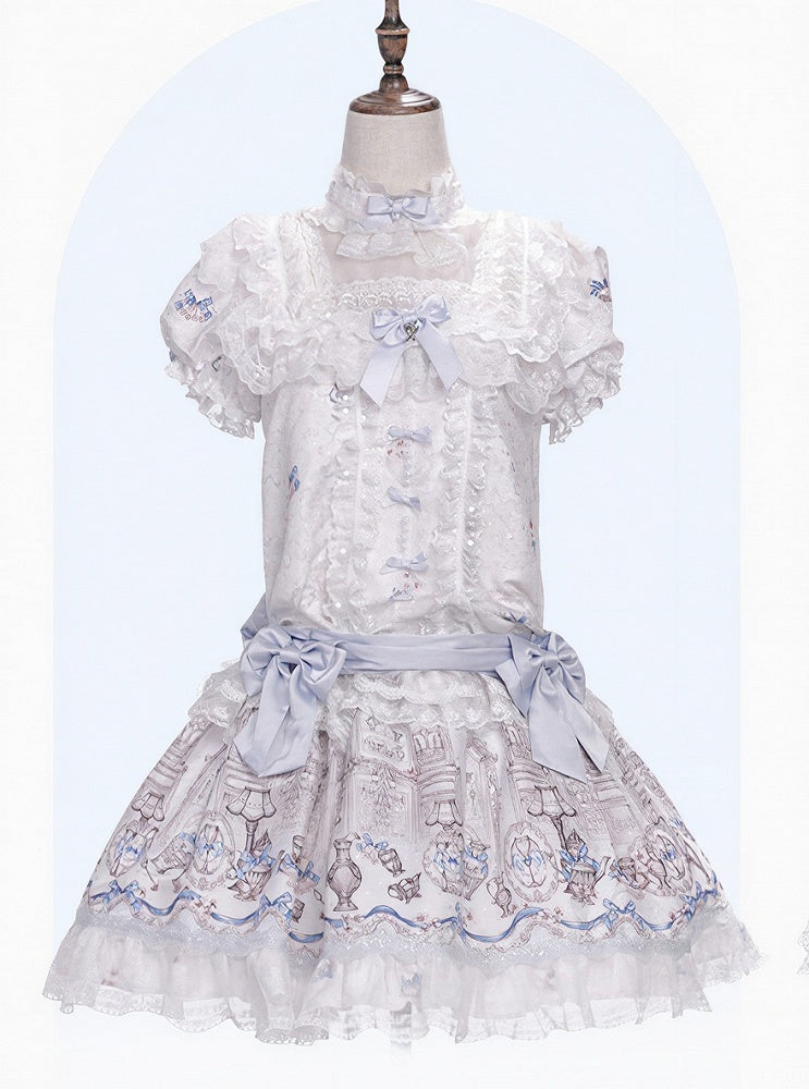 White & Blue Low Waist Antique Print Lolita Dress with Bows - Meng Fu Zi