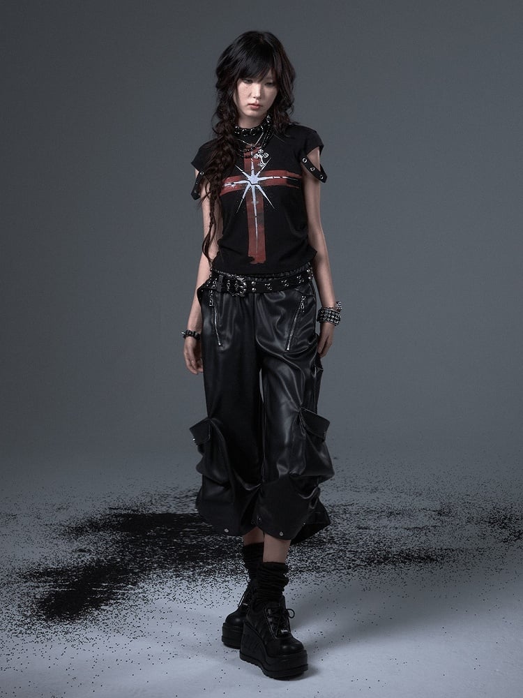Black Zipper Decorative Mid-length Punk Rock Pants Wide-leg PU -