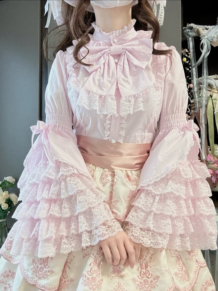 Lace Blouse Lolita Pink Sleeves Layered Bell Light