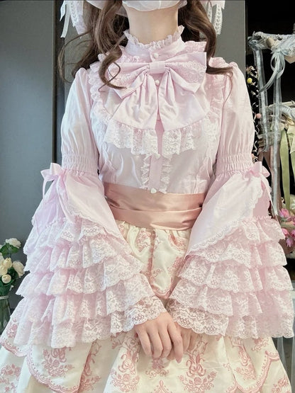 Lace Blouse Lolita Pink Sleeves Layered Bell Light