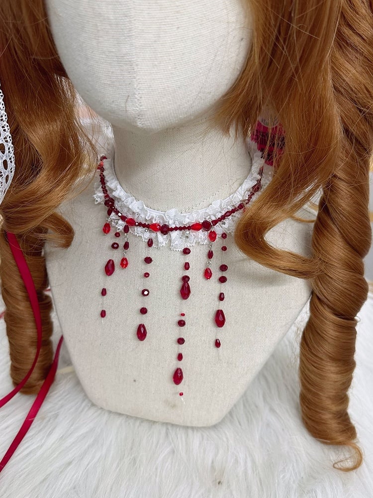 Gothic Necklace Long Bead Red Pendants