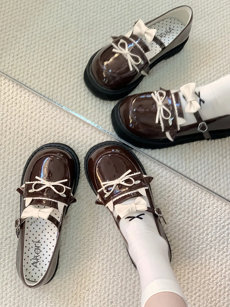 Low-heel with Brown PU Lamb Heart Dazed Buckle and Bow Details Shoes JK Cute