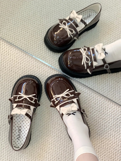 Low-heel with Brown PU Lamb Heart Dazed Buckle and Bow Details Shoes JK Cute