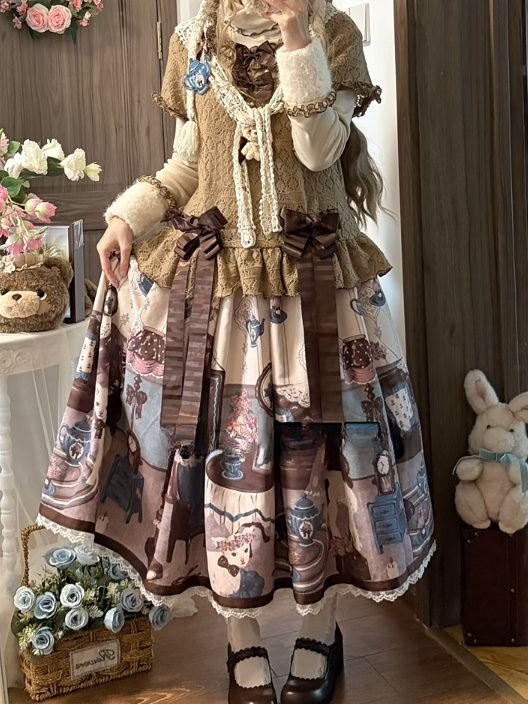 Trimmed Brown Lace Sweet Skirt Sheep's Print Home Lolita