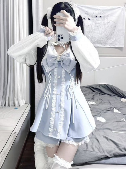 Lace Lace-up Sleeves Trim Light Decorated Details + Long Blue Shorts Kei Top Bowknot Outfit-Beaded Jirai