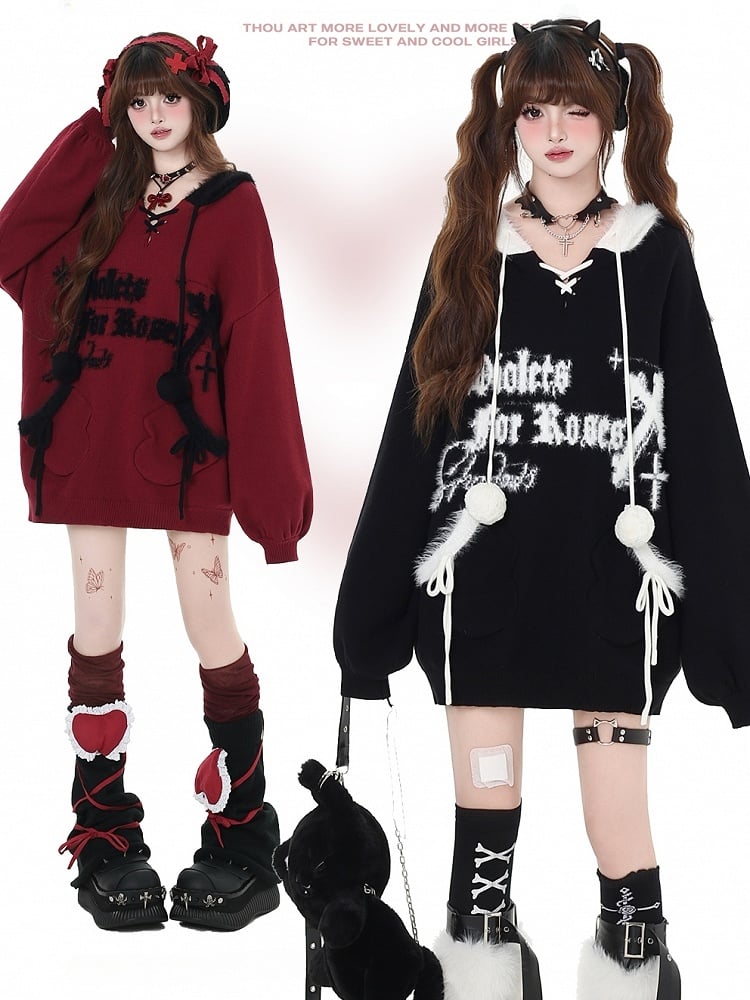 Black Letters Pattern Hooded V-neck Loose Sweater