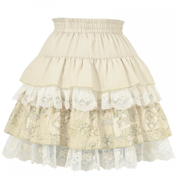 ライトヴィンテージプリントレーストリムティアードスカート グリーン 伸縮性ウエスト