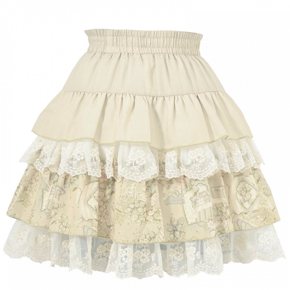 ライトヴィンテージプリントレーストリムティアードスカート グリーン 伸縮性ウエスト