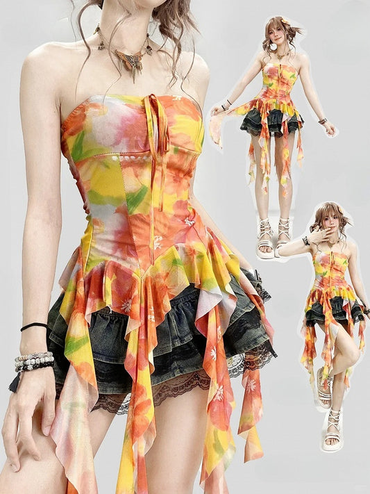 プリントトップ ラッフルアクセント オレンジチューブ ホリデーフローラルカスケーディング