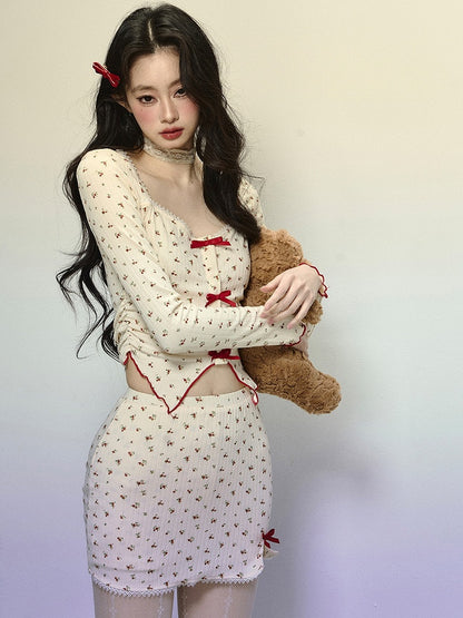 アプリコット花柄ハイウエストミニスカート