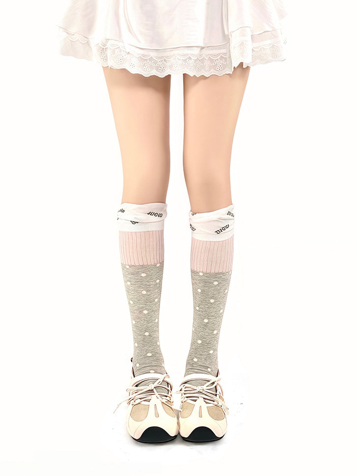 Dots Colors with 3 Pattern Ruffled Letter Cuff Polka Calf Socks