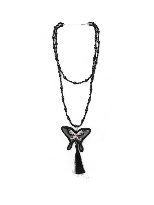 and Tassel Butterfly Necklace Embroidered Beaded Pendant Black